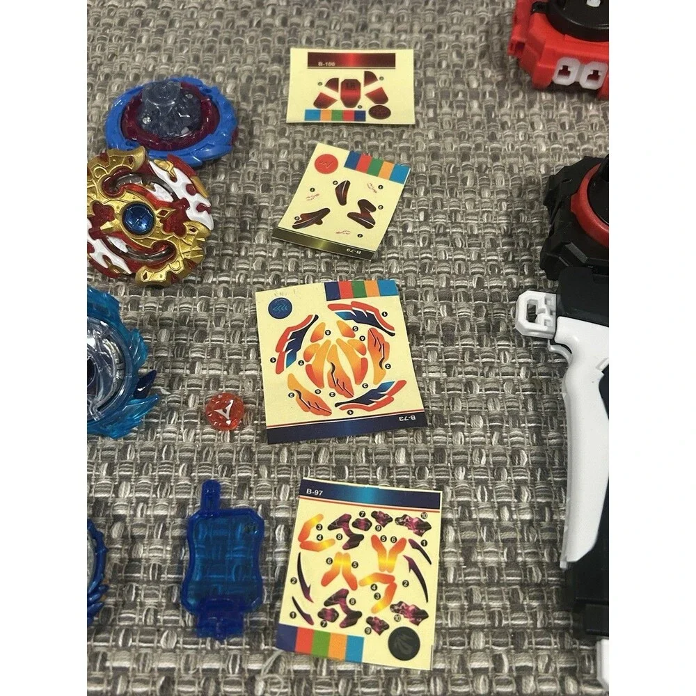 Beyblade Lot And 2 Launchers 2 Rip Cords 4 Blades Stickers Blue Tray Takara Tony